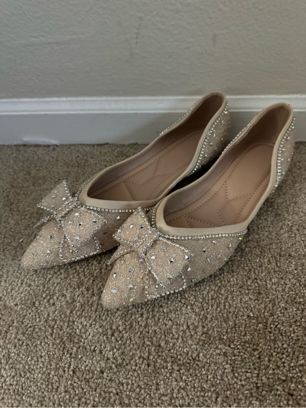 Embellished Bow Pointed Toe Flats in Champagne